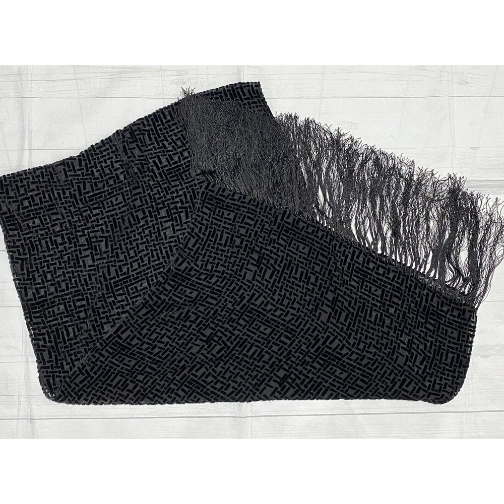 21"x80" Black REDFISH DESIGNS Silk Rayon FLOCKED Fringe RECTANGLE Scarf Embossed